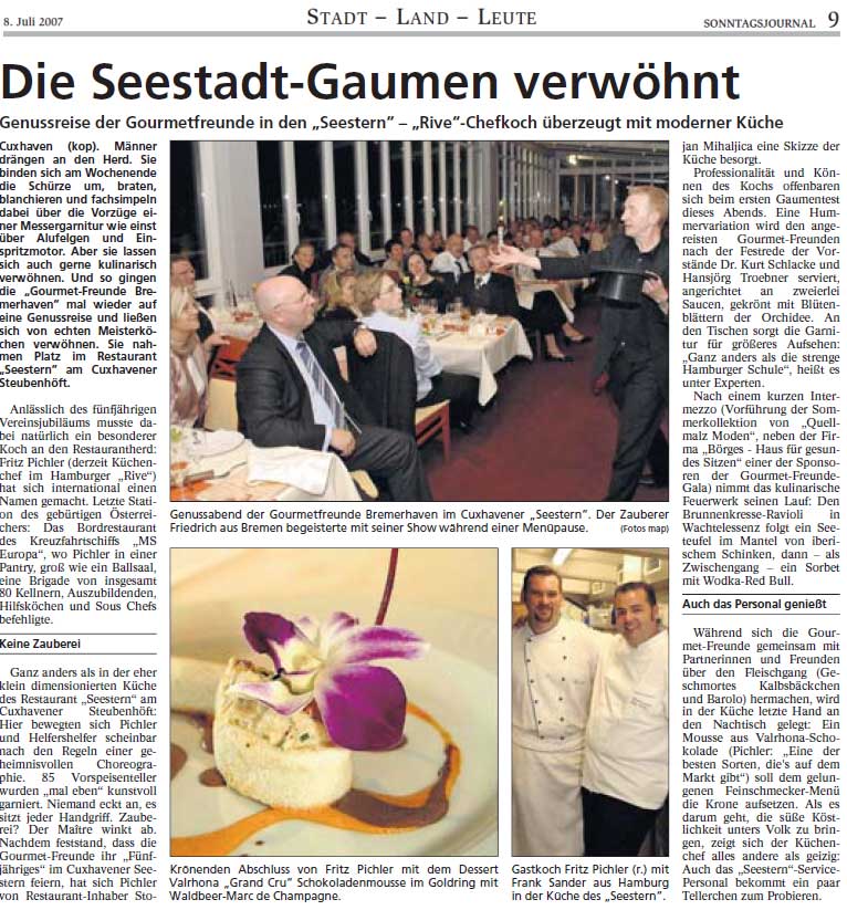 Artikel aus dem Sonntagsjournal vom 8. Juli 2007, anlässlich der Gourmet-Gala.